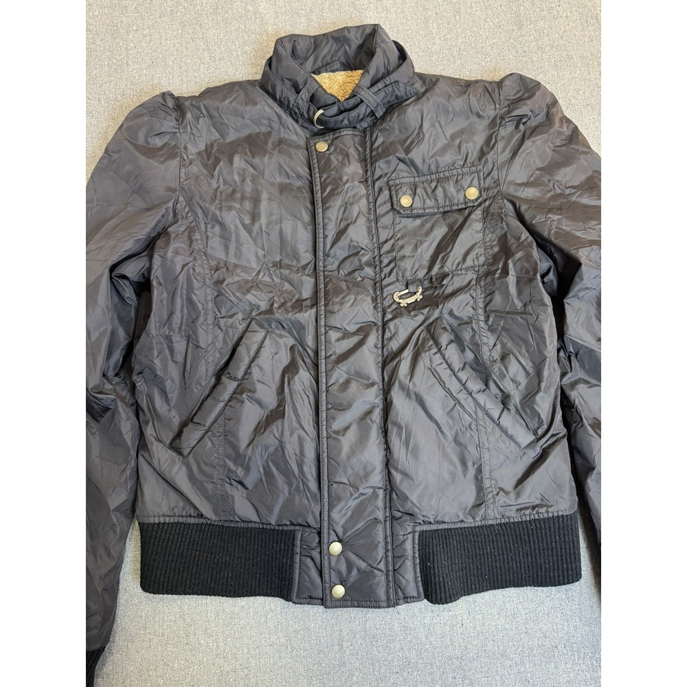 VTG Diesel Womens Black Bomber Jacket L Buckle Collar Zip Front - Picture 2 of 12